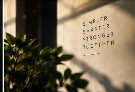 Engraved wall lettering reading simpler, smarter, stronger together