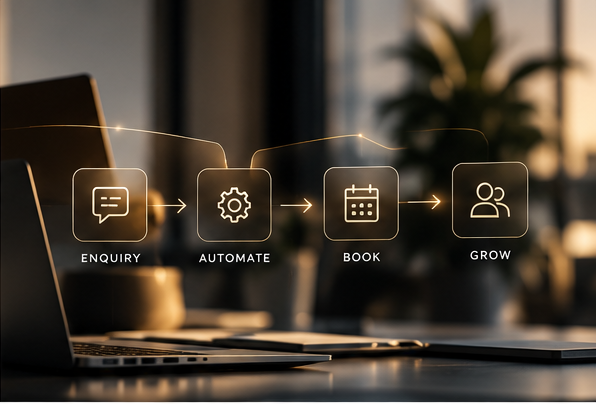 Illustrative workflow steps from enquiry to automate, book and grow